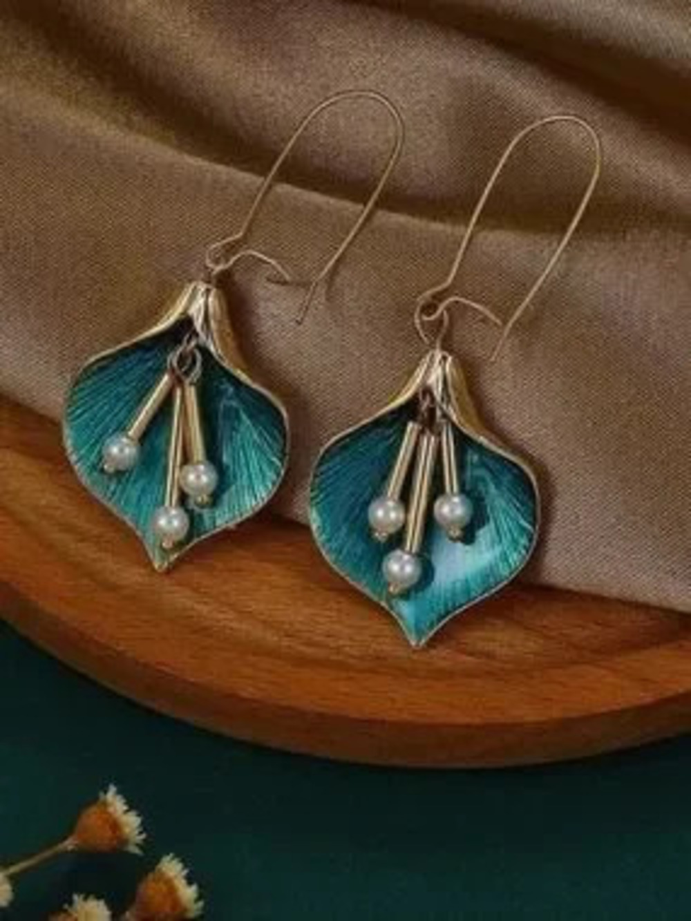 Vintage Style Teal and Gold Leaf Drop Earrings with Pearl Details